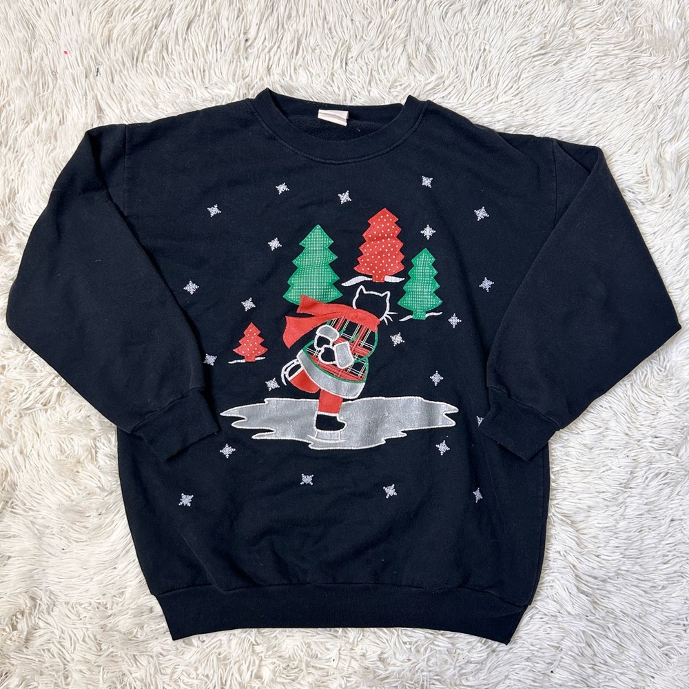 ◾️Vintage Style Studio Ugly Christmas Sweater Crewneck Cat Skating On Ice